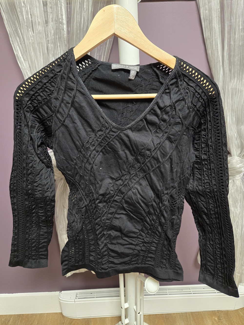 Tristan Black Textured Crochet-Panel V-Neck Long Sleeve Top – Boho Chic